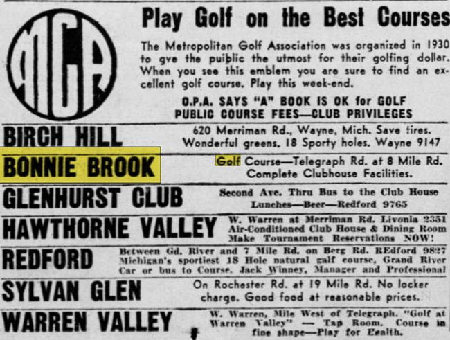 Bonnie Brook Golf Course - May 7 1943 Ad